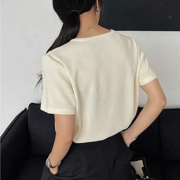 Ivory, cream relaxed fit Round Neck Short Sleeve T-Shirt - elevated tee shirt - Picture 3 of 4